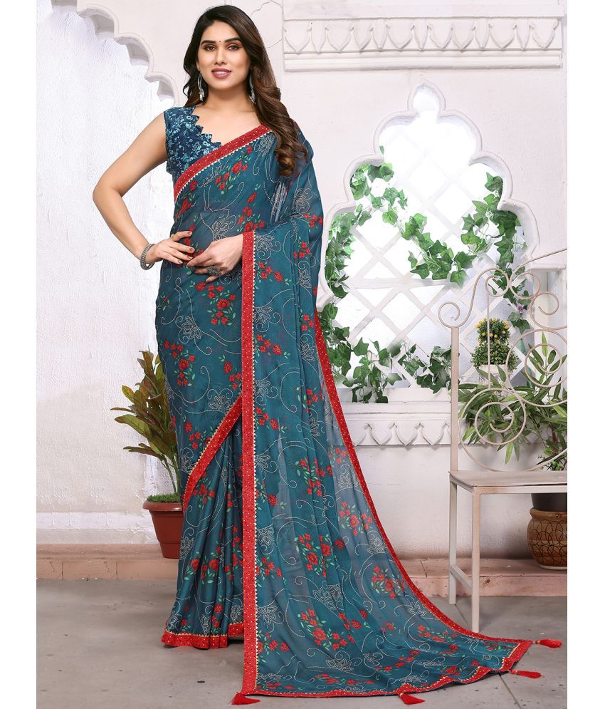     			BLEESBURY Women Floral Printed Chiffon Saree with Blouse Piece - Teal