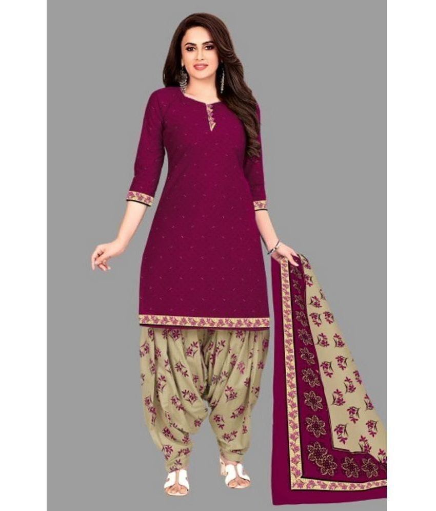     			shree jeenmata collection - Purple Straight Cotton Women's Stitched Salwar Suit ( Pack of 1 )