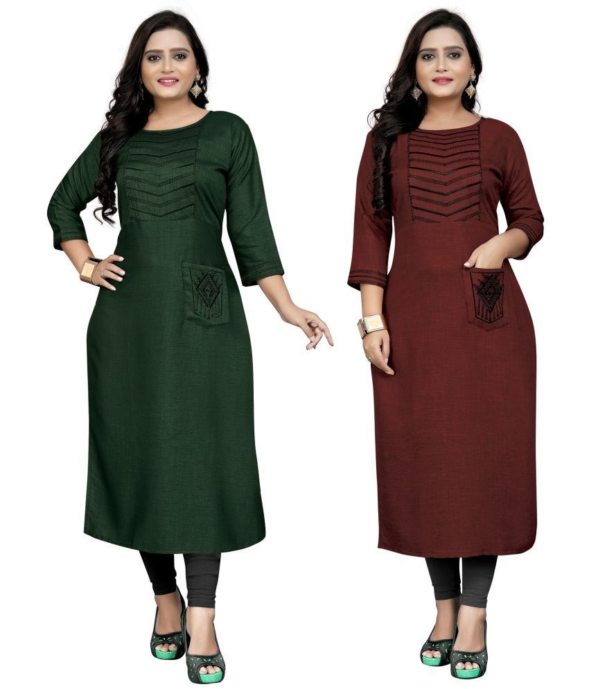     			Lerkiza Rayon Embroidered Straight Women's Kurti - Multicoloured ( Pack of 2 )