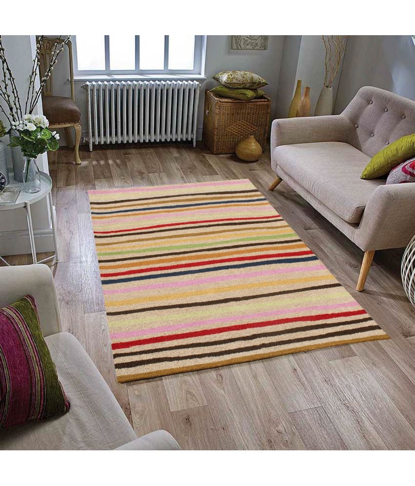     			MRIC Beige Wool Carpet Stripes 4x6 Ft