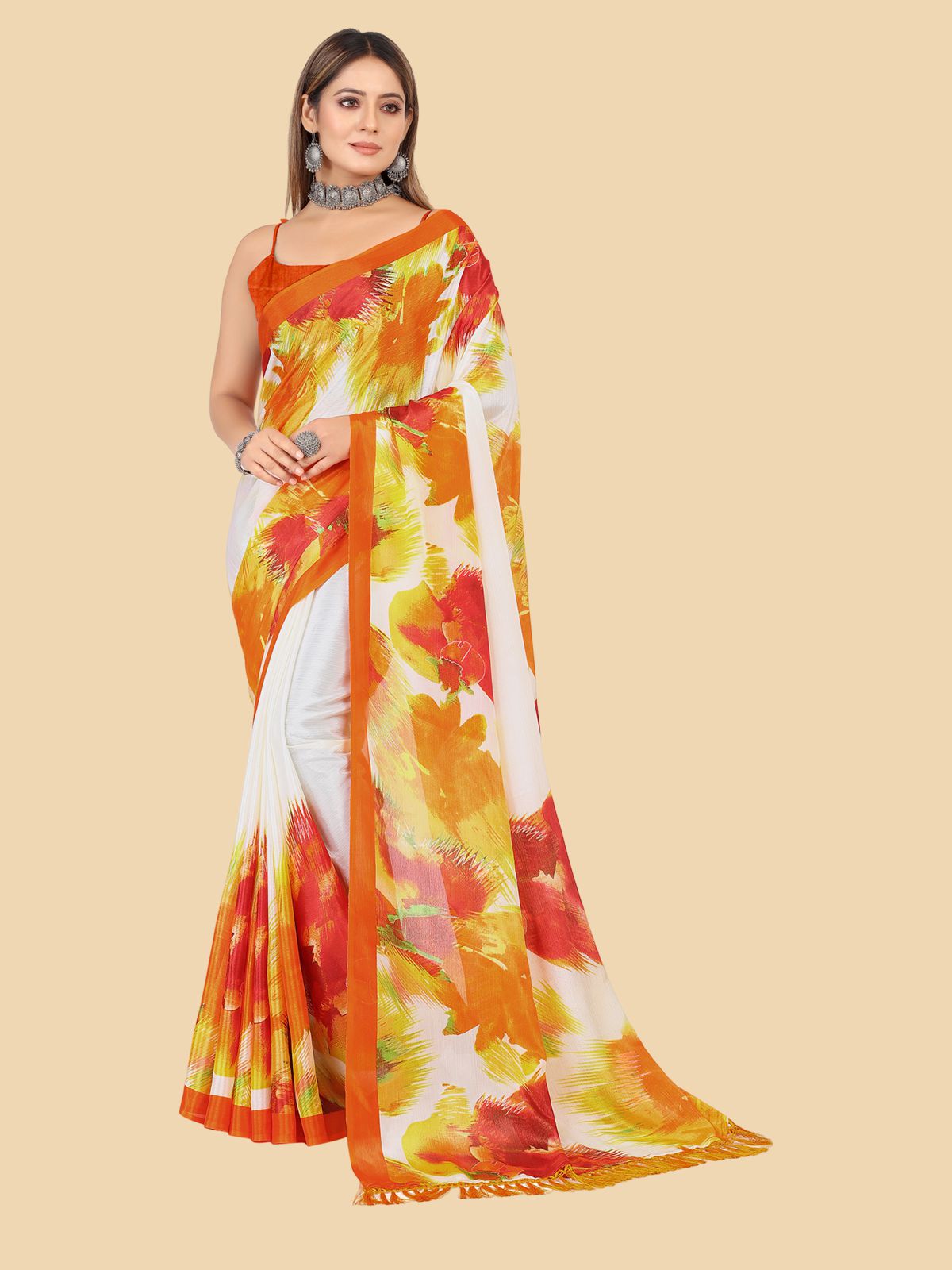     			Rangita Women Abstract Printed Chiffon Saree With Blouse Piece -Orange