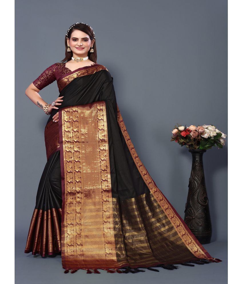     			Aika Cotton Silk Woven Saree With Blouse Piece - Black ( Pack of 1 )