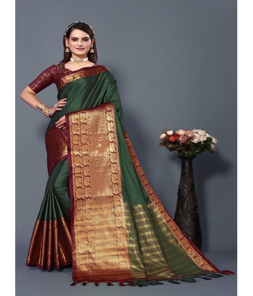     			Apnisha Cotton Silk Embellished Saree With Blouse Piece - Green ( Pack of 1 )