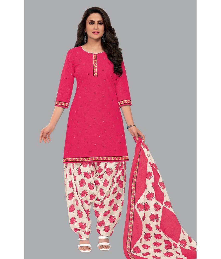     			shree jeenmata collection Cotton Printed Kurti With Patiala Women's Stitched Salwar Suit - Pink ( Pack of 1 )