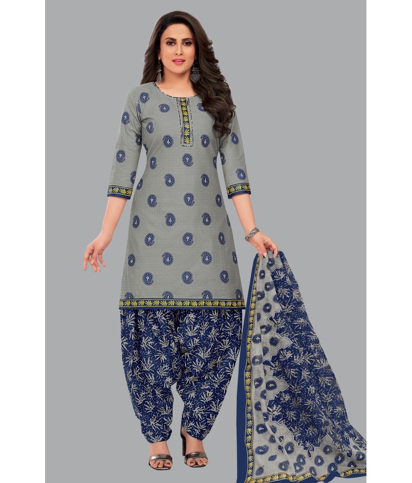     			shree jeenmata collection Cotton Printed Kurti With Patiala Women's Stitched Salwar Suit - Grey ( Pack of 1 )