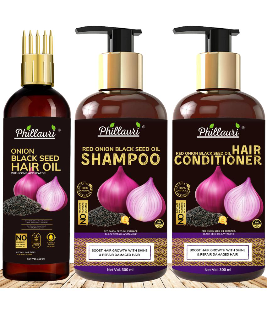     			Phillauri Red Onion Black Seed Oil Ultimate Hair Care Kit for Hair Fall Control(Shampoo (300 ML) + Hair Conditioner ( 300 ML)  + Hair Oil ( 100 ML) )