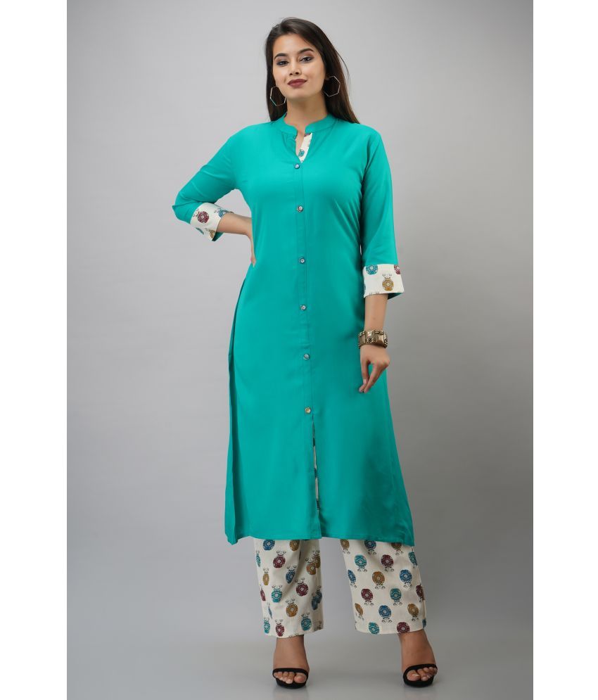     			MAUKA Rayon Printed Kurti With Palazzo Women's Stitched Salwar Suit - Turquoise ( Pack of 1 )