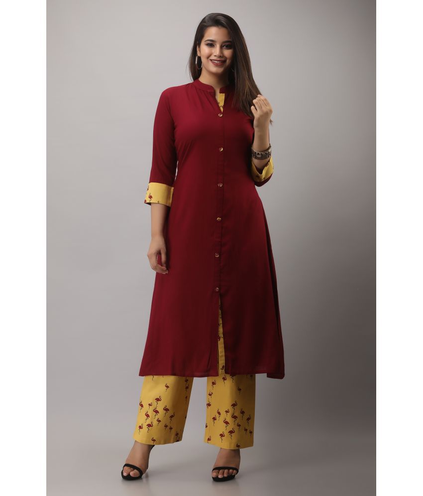     			MAUKA Rayon Printed Kurti With Palazzo Women's Stitched Salwar Suit - Maroon ( Pack of 1 )