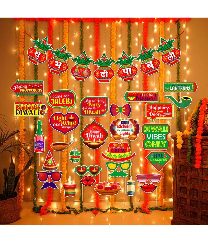     			Zyozi Diwali Decorations Items For Diwali Festival | Diwali Decorations Kit | Shubh Deepawali Banner With Multicolor Photo Booth Props & Rice Light (Pack of 32)