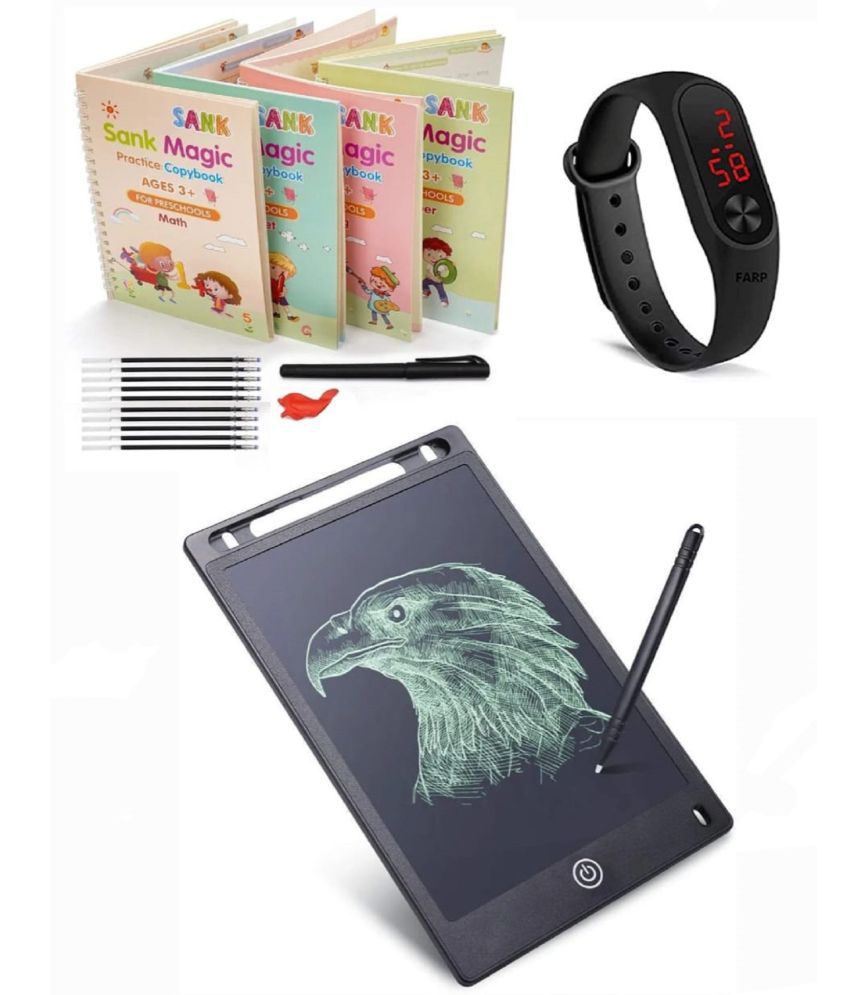     			Combo Of 3 Pack - Sank Magic Practice Copy book & LCD Writing Tablet slate & LED Band Watch Digitel Multicolor By Laxmi Book Store