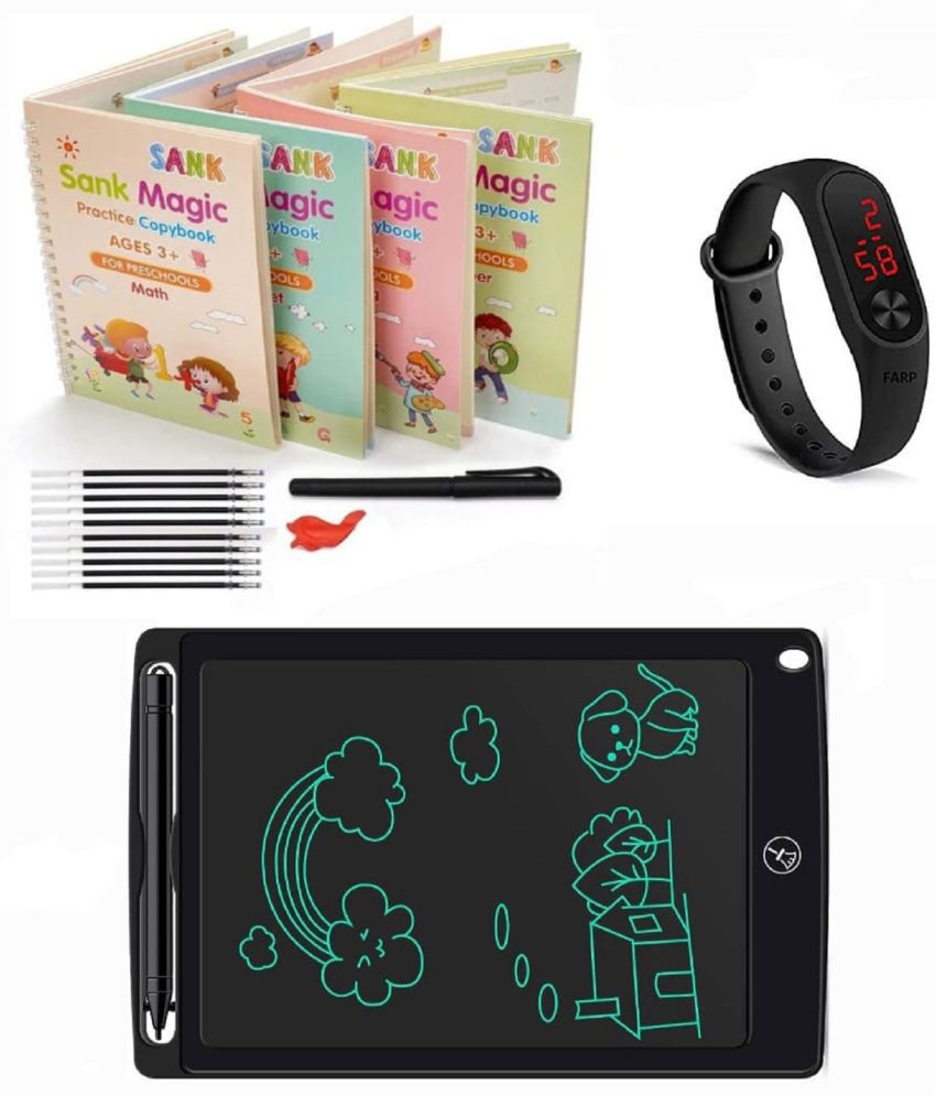     			Combo Of 3 Pack - Sank Magic Practice Copy book & LCD Writing Tablet slate & LED Band Watch Digitel Multicolor By Vinay Book Store