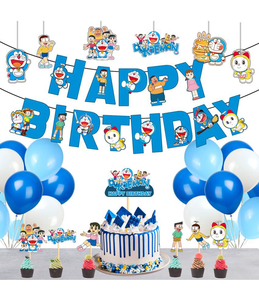     			Doremon Theme Birthday Banner + 1 pc. Cake Topper+ 6 Pc. Cutout+ 7 Pc. Cupcake Topper+ 30 Metallic Balloon (Blue, Purple) Birthday Decorations Kit, Birthday Decoration items, Birthday Balloon Decoration Combo For Boys, Girls, Kids.