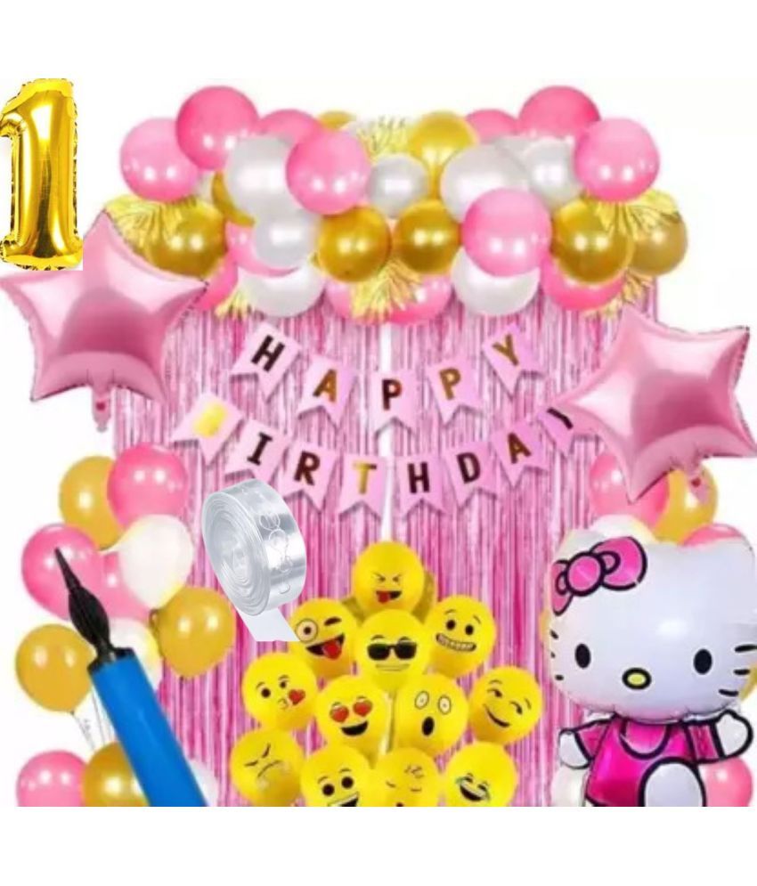     			KR 1ST HAPPY BIRTHDAY PARTY DECORATION WITH PINK WHITE BALLOON KITTY CURTIAN & SMILEY BALLOON WITH ARCH 2 PNK STAR