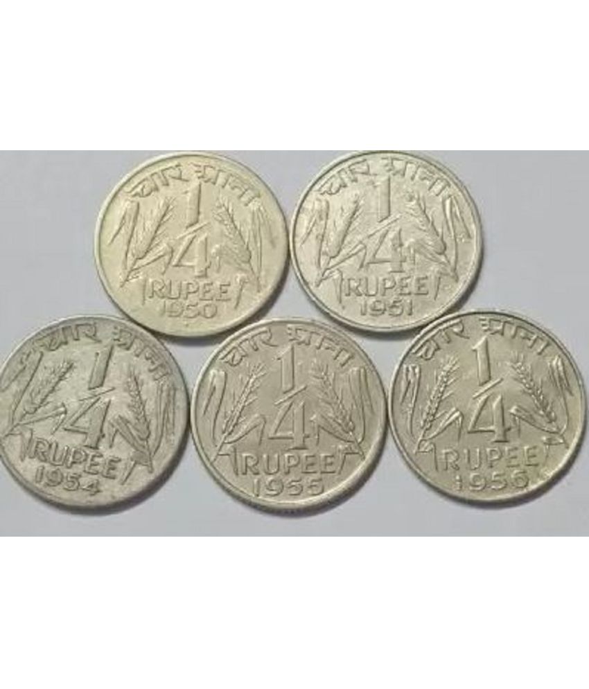     			Sansuka Set of First Republic India Coins 1/4 Rupee 1950-1951-1954-1956-1956 quarter rupee rare collection Modern Coin Collection  (5 Coins)