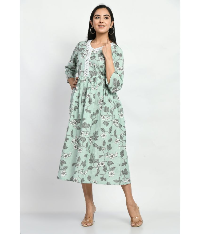     			MAURYA Cotton Blend Printed Midi Women's A-line Dress - Mint Green ( Pack of 1 )