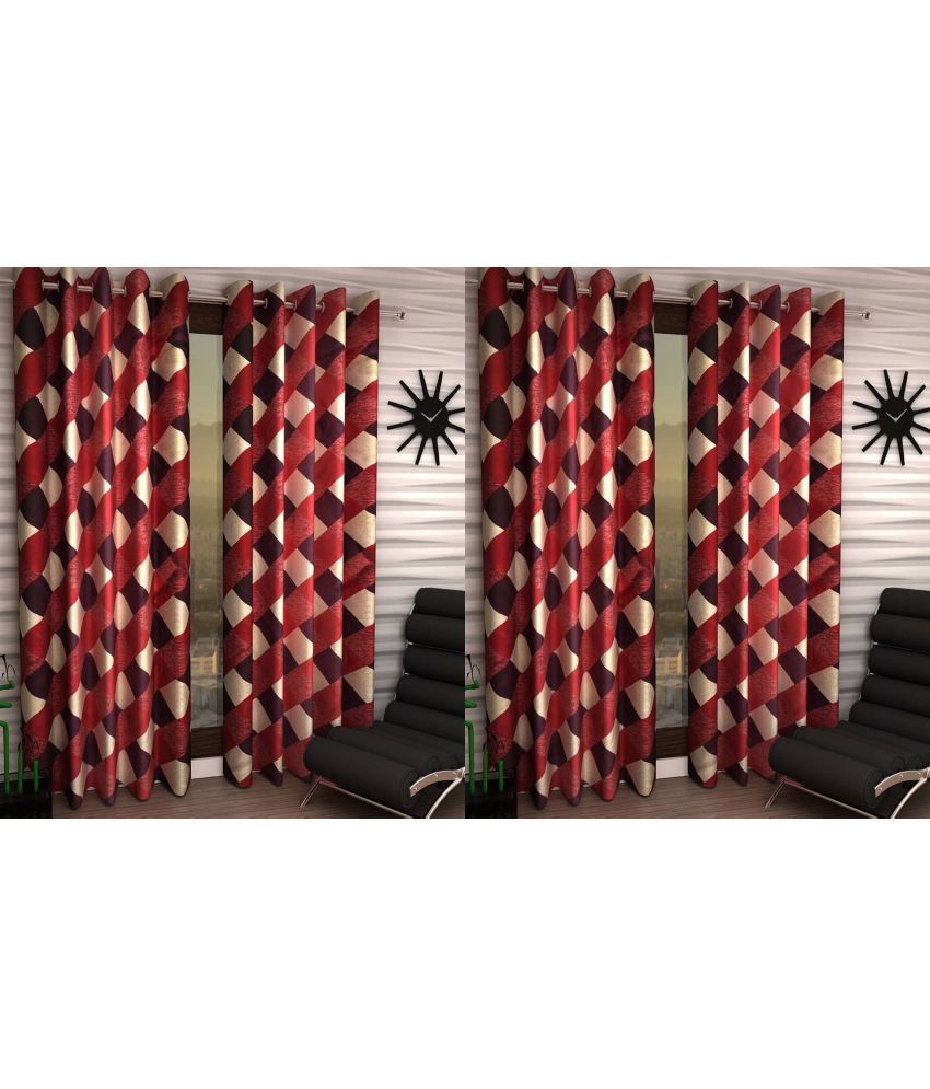     			N2C Home Abstract Semi-Transparent Eyelet Curtain 7 ft ( Pack of 4 ) - Red