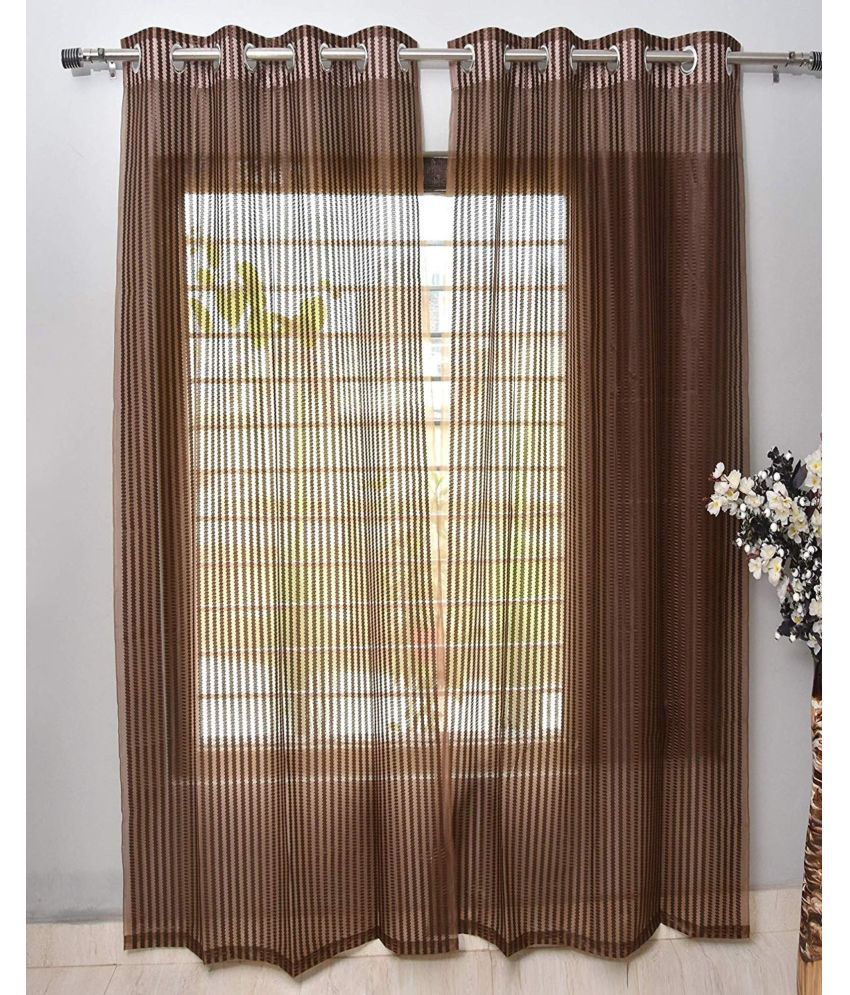     			N2C Home Vertical Striped Semi-Transparent Eyelet Curtain 7 ft ( Pack of 2 ) - Brown