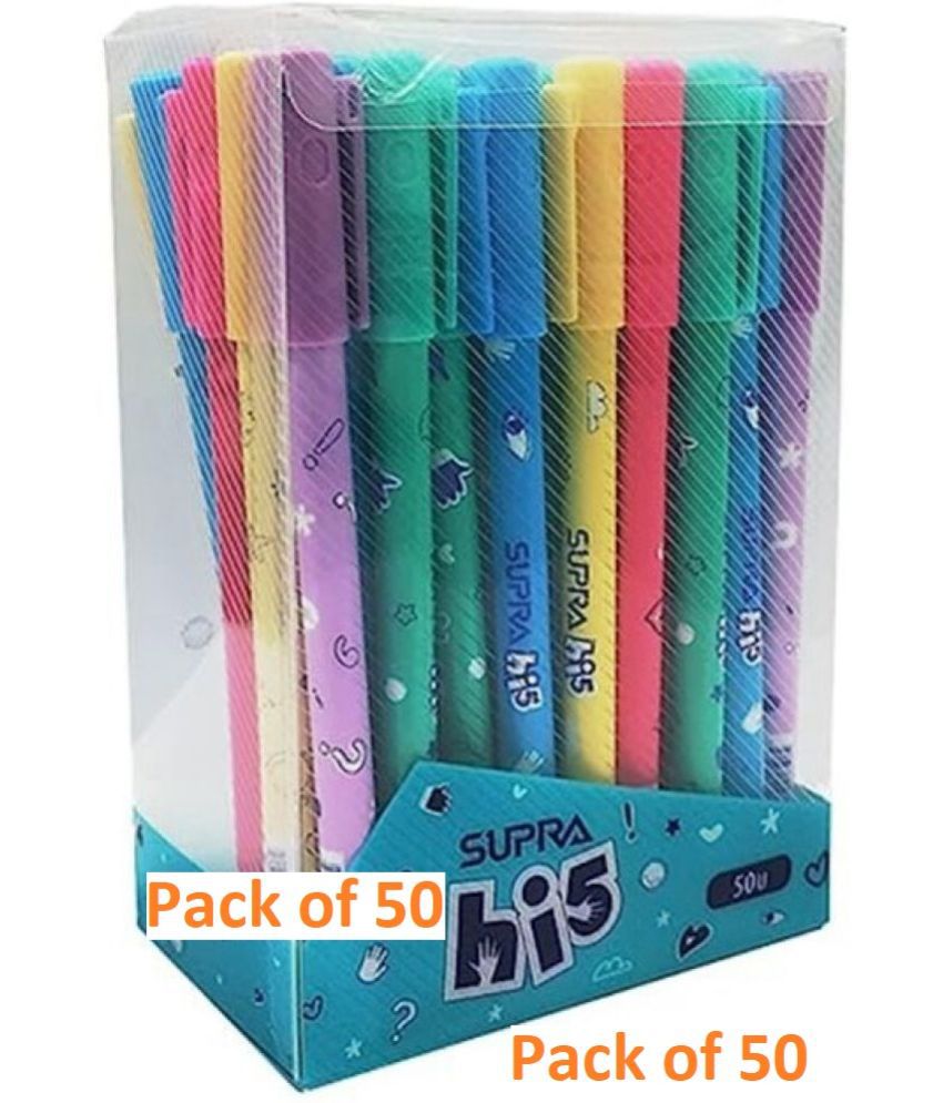     			Supra Hii 5 0.7mm Ball Point Pen Display Pack | Smooth And Fast Writing | Set Of Attractive Body Colours | Lightweight Ball Pen With Comfortable Grip | Blue Ink, Pack Of 50