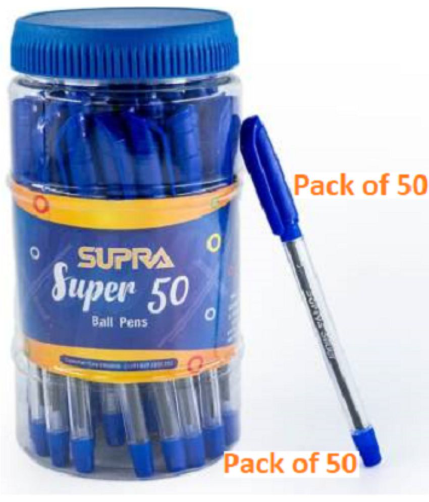     			Supra Slider 0.7mm Ball Point Pen Jar Pack | Lightweight Clear Transparent Body | Soft Rubber Gripper For Writing Comfort | Smooth And Fast Writing | Blue Ink, Pack Of 50