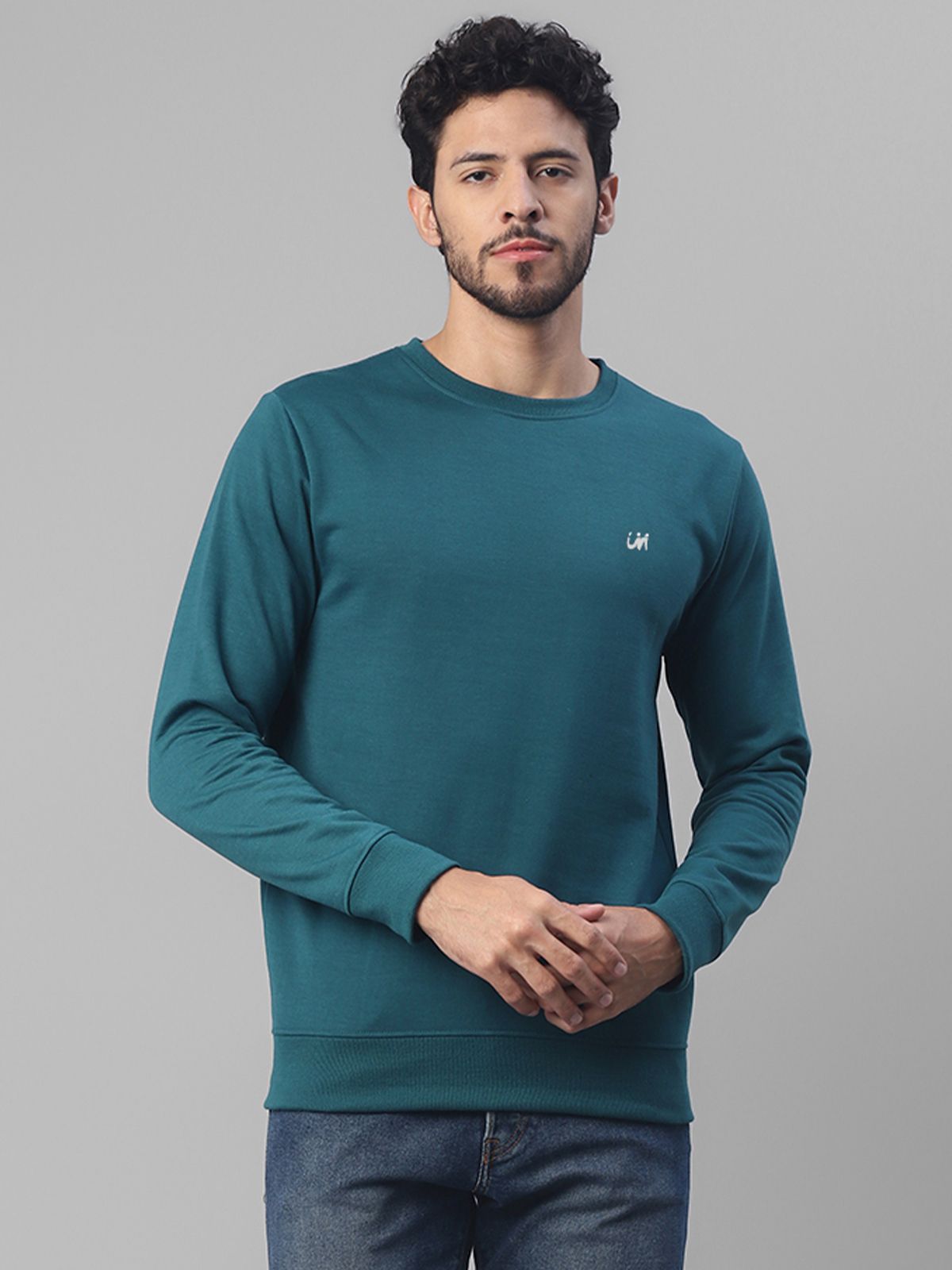     			UrbanMark Men Regular Fit Solid Full Sleeves Round Neck Fleece Sweatshirt-Teal Blue