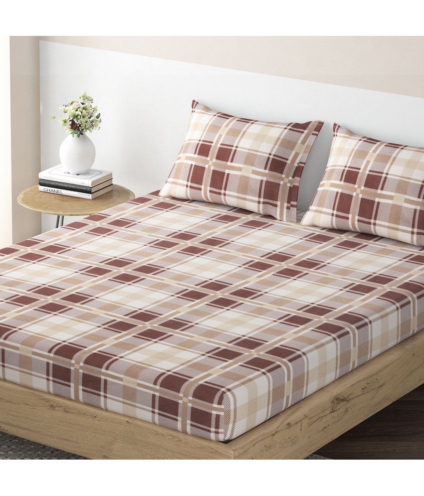     			HOKIPO Microfibre Small Checks Fitted 1 Bedsheet with 1 Pillow Cover ( Single Bed ) - Beige