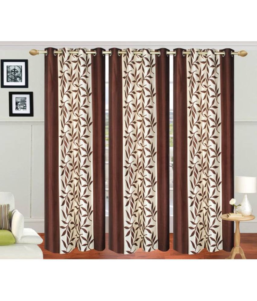     			N2C Home Floral Semi-Transparent Eyelet Curtain 7 ft ( Pack of 3 ) - Brown