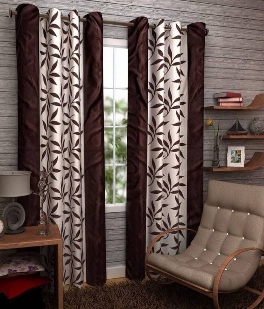     			N2C Home Floral Semi-Transparent Eyelet Curtain 9 ft ( Pack of 2 ) - Brown
