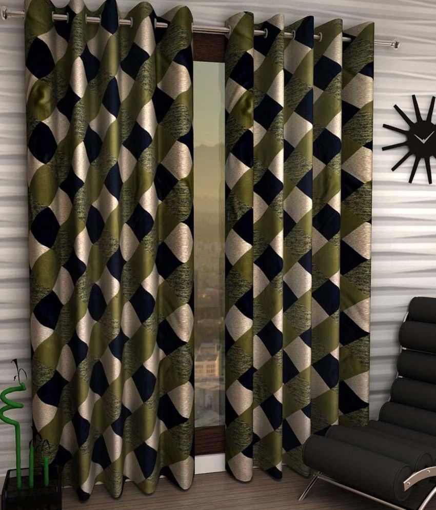     			N2C Home Geometric Semi-Transparent Eyelet Curtain 5 ft ( Pack of 2 ) - Green