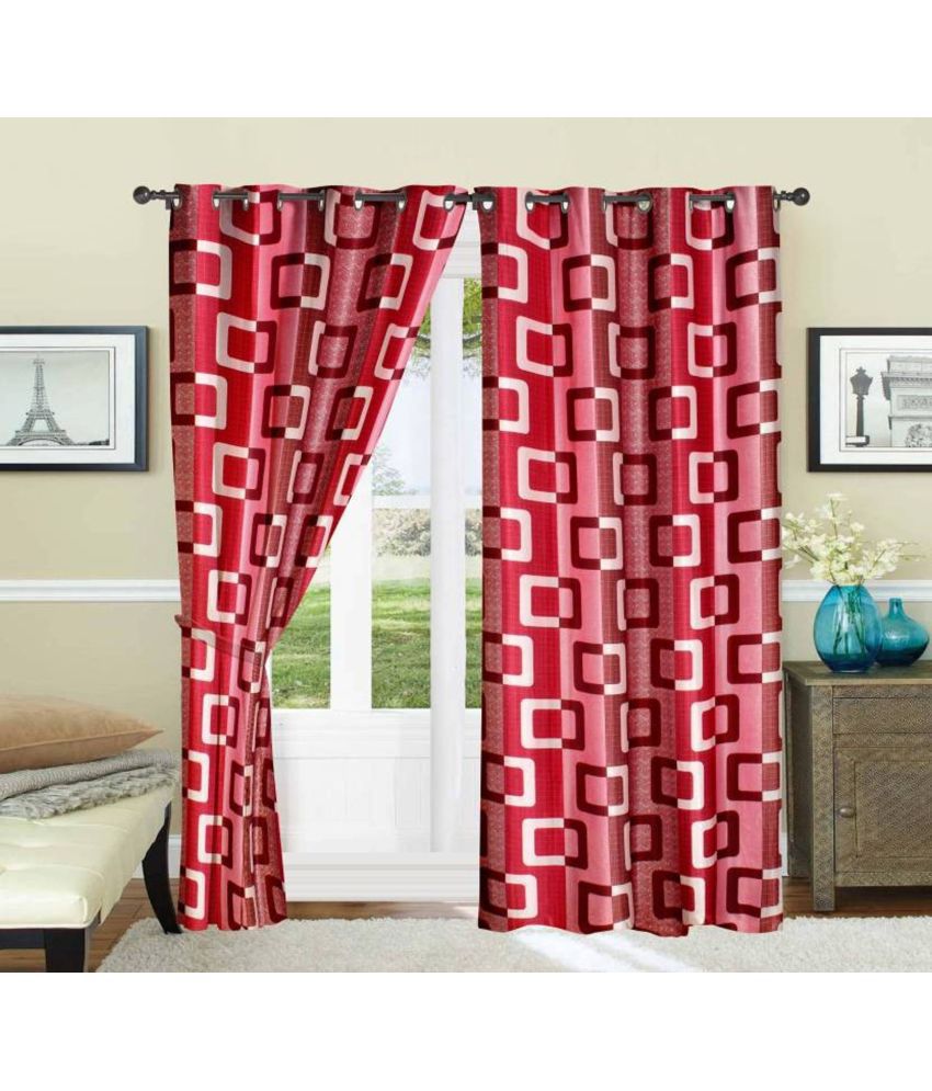     			N2C Home Small Checks Semi-Transparent Eyelet Curtain 9 ft ( Pack of 2 ) - Maroon