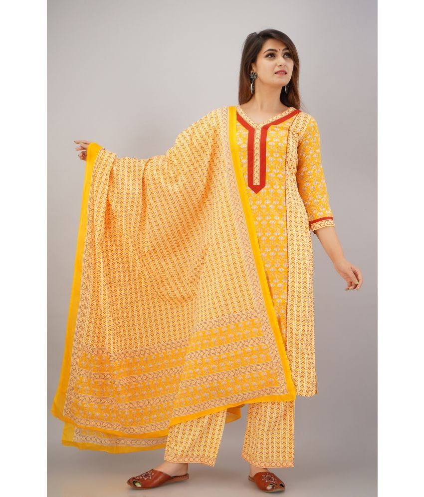     			NeshamaKurti Cotton Printed Kurti With Palazzo Women's Stitched Salwar Suit - Yellow ( Pack of 1 )