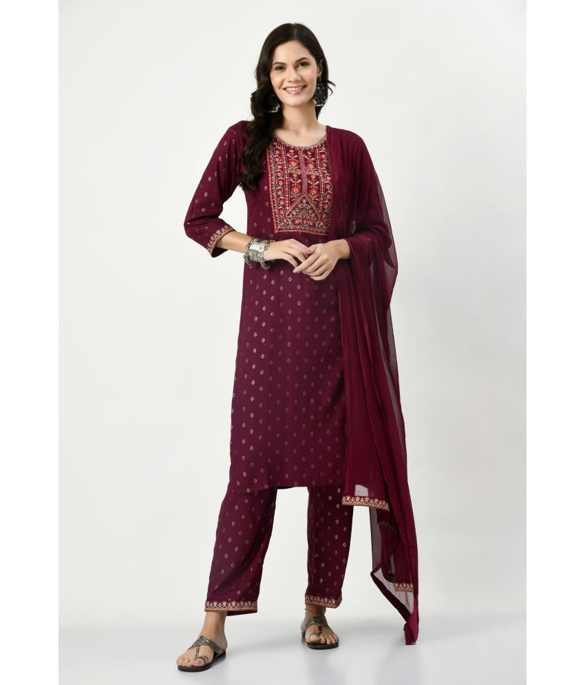     			MAURYA Rayon Embroidered Kurti With Pants Women's Stitched Salwar Suit - Maroon ( Pack of 1 )