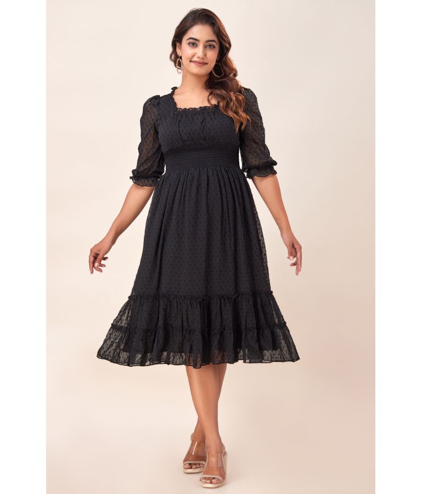     			NeshamaKurti Chiffon Self Design Midi Women's Fit & Flare Dress - Black ( Pack of 1 )