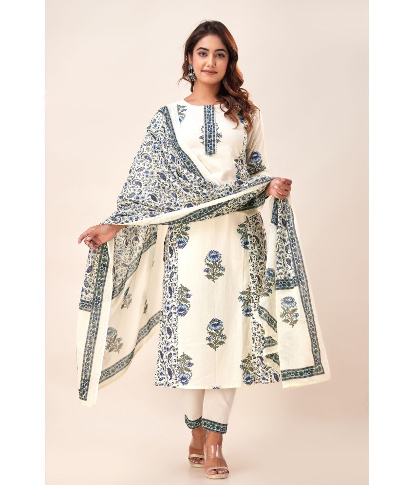     			SVARCHI Cotton Printed Kurti With Pants Women's Stitched Salwar Suit - White ( Pack of 1 )