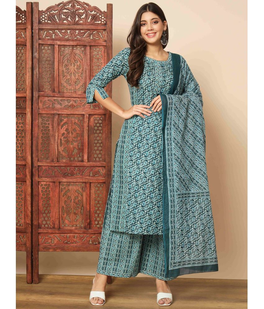     			Vbuyz Cotton Printed Ethnic Top With Palazzo Women's Stitched Salwar Suit - Turquoise ( Pack of 1 )