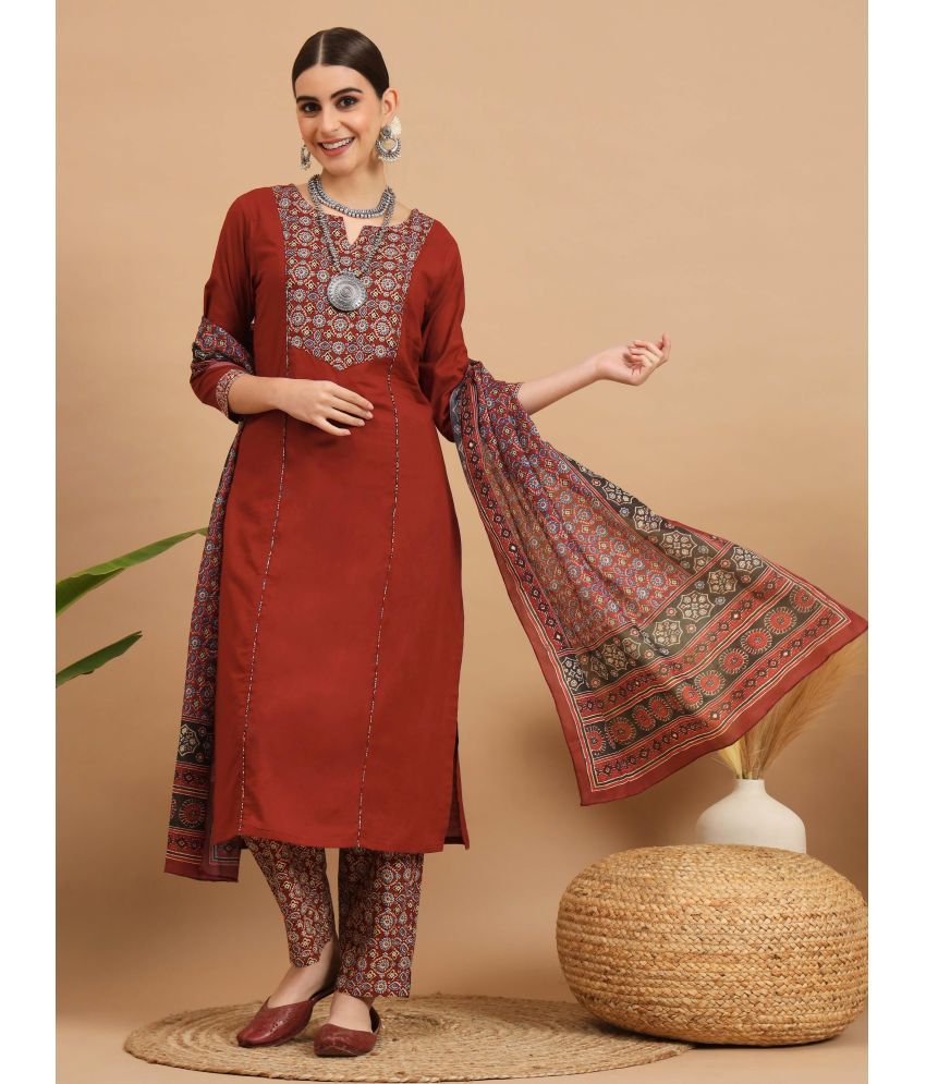     			Vbuyz Cotton Printed Kurti With Pants Women's Stitched Salwar Suit - Maroon ( Pack of 1 )