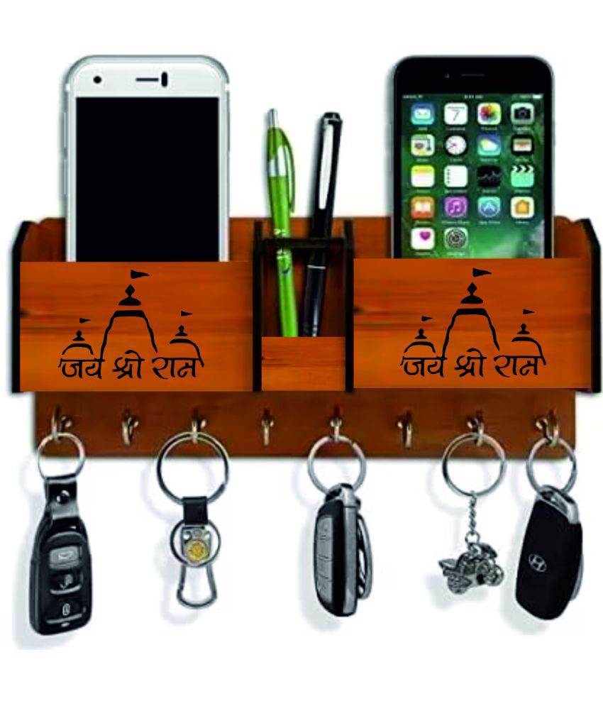     			Big Boss Enterprises Jai Shree Ram with Temple Design 2 Pocket Mobile Holder, Pen Stand Wood Key Holder Stand (8 Hooks, Brown)
