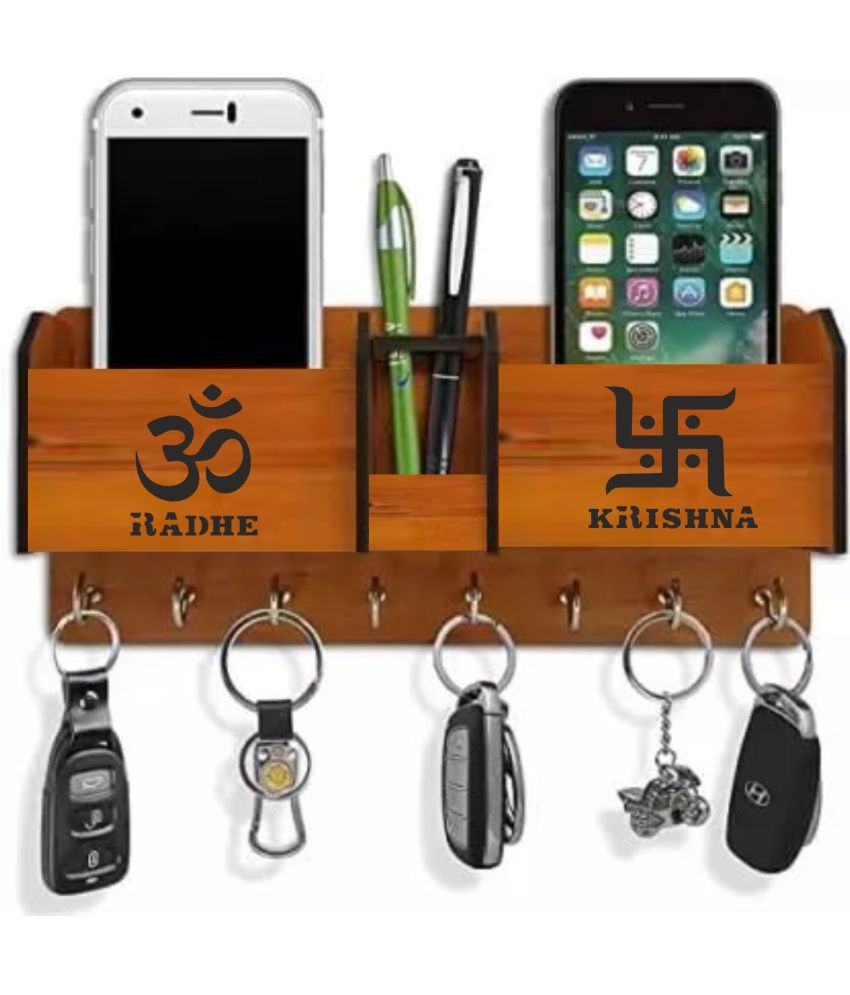     			Big Boss Enterprises Om Swastic Radhe Krishna with 2 Pocket Mobile Holder, Pen Stand Wood Key Holder Stand (8 Hooks, Brown)