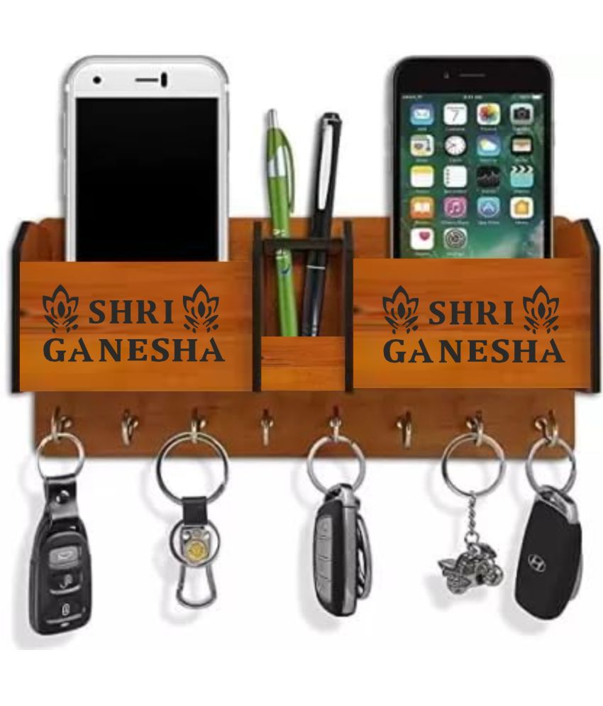     			Big Boss Enterprises Shree Ganesh with 2 Pocket Mobile Holder, Pen Stand Wood Key Holder Stand (8 Hooks, Brown)
