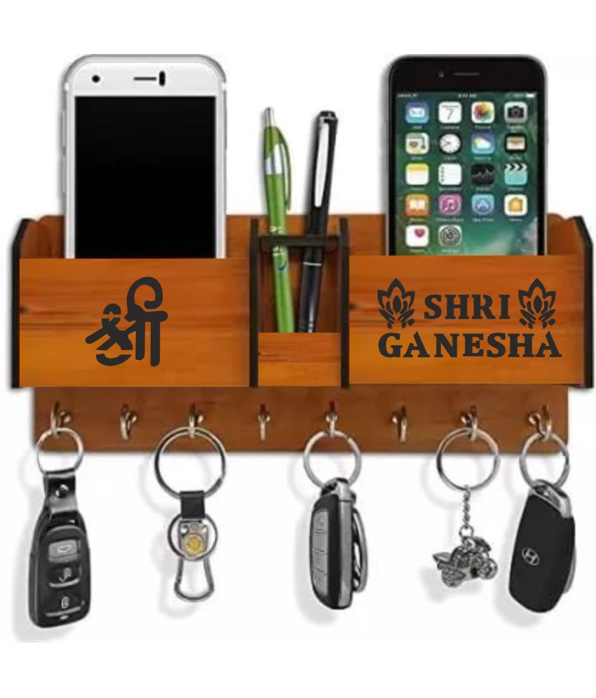     			Big Boss Enterprises Shree Ganesha with 2 Pocket Mobile Holder, Pen Stand Wood Key Holder Stand (8 Hooks, Brown)
