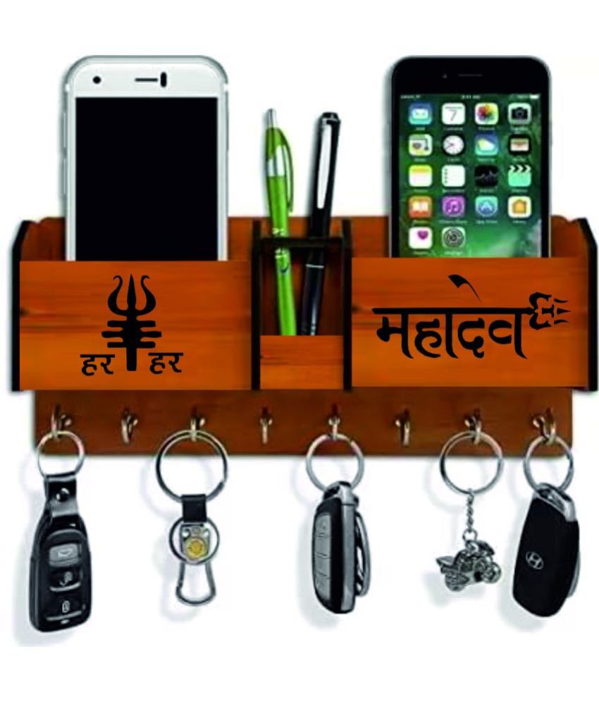     			Big Boss Enterprises with Har Har Mahadev 2 Pocket Mobile Holder, Pen Stand Wood Key Holder Stand (8 Hooks, Brown)