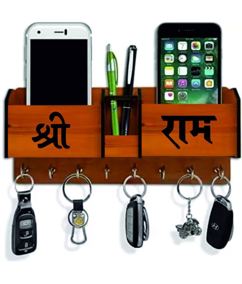     			Big Boss Enterprises with Shree Ram In Hindi 2 Pocket Mobile Holder, Pen Stand Wood Key Holder Stand (8 Hooks, Brown)