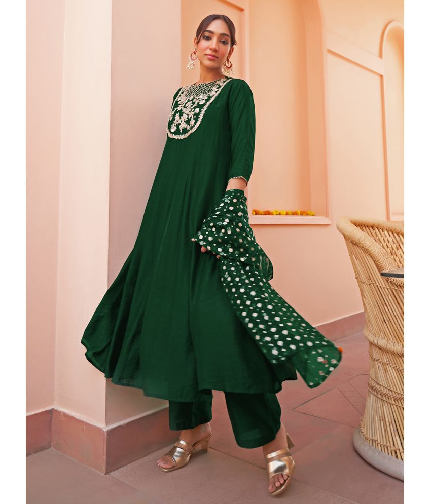     			Janasya Chanderi Embellished Kurti With Palazzo Women's Stitched Salwar Suit - Green ( Pack of 3 )