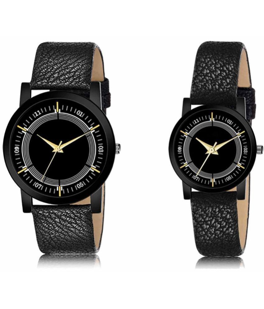     			Lorem - Black Leather Analog Couple's Watch