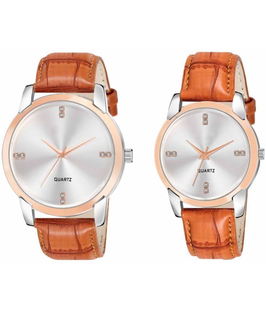     			Lorem - Orange Leather Analog Couple's Watch