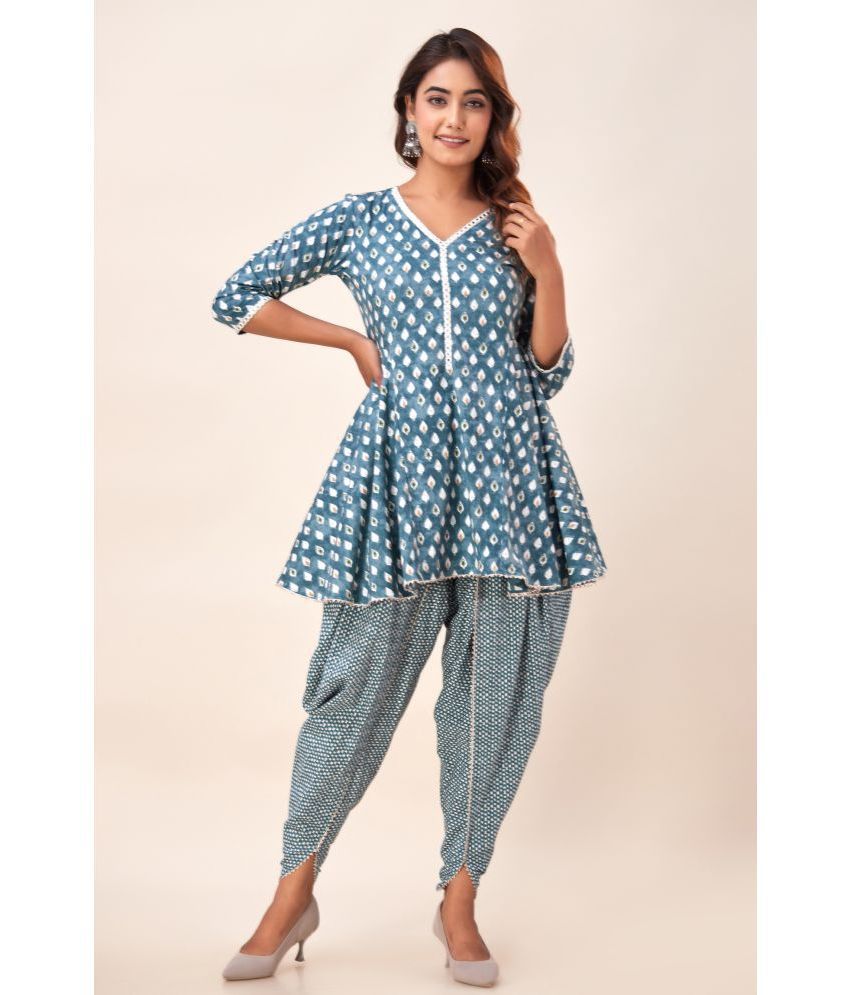     			SVARCHI Cotton Printed Kurti With Dhoti Pants Women's Stitched Salwar Suit - Blue ( Pack of 1 )