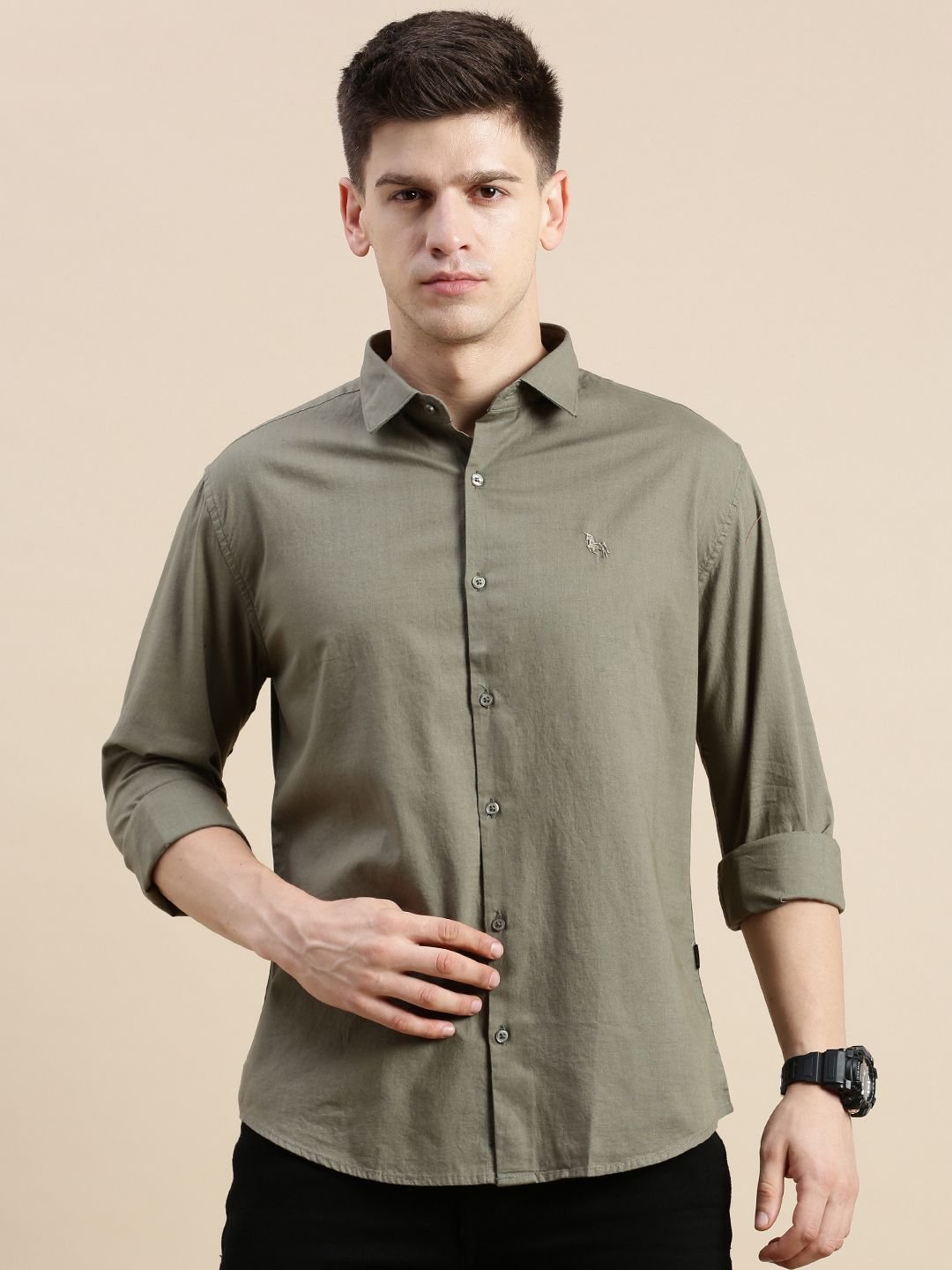     			Showoff Cotton Blend Regular Fit Solids Full Sleeves Men's Casual Shirt - Olive ( Pack of 1 )