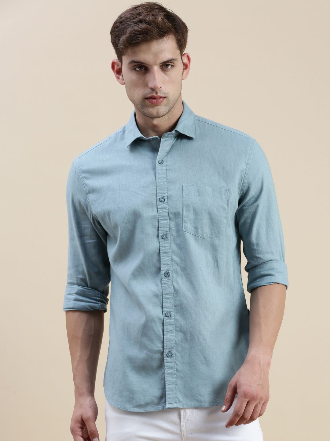    			Showoff Cotton Blend Regular Fit Solids Full Sleeves Men's Casual Shirt - Teal ( Pack of 1 )