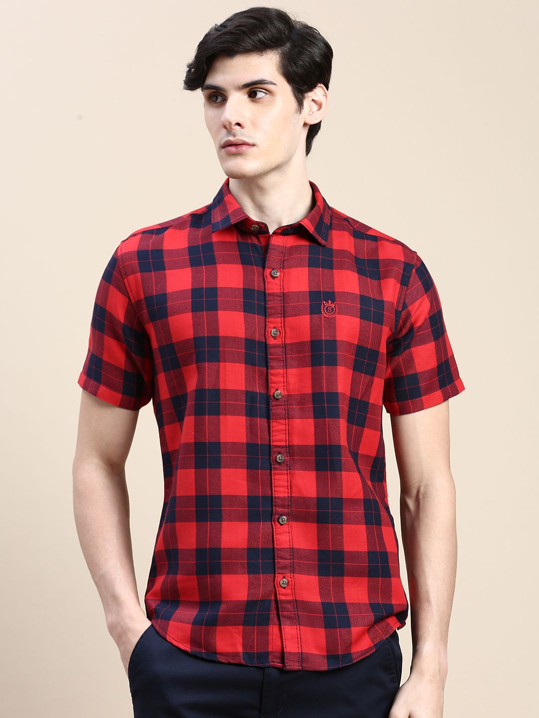     			Showoff Cotton Blend Regular Fit Checks Half Sleeves Men's Casual Shirt - Red ( Pack of 1 )