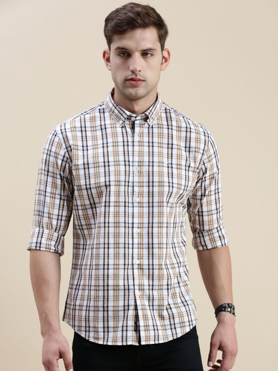     			Showoff Cotton Blend Regular Fit Checks Full Sleeves Men's Casual Shirt - Cream ( Pack of 1 )