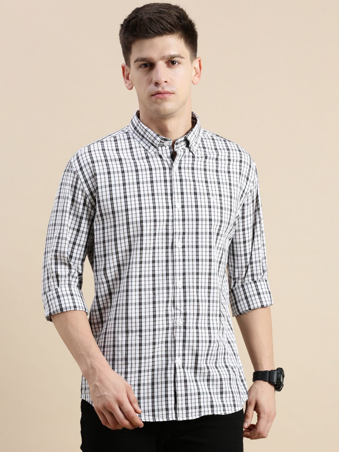     			Showoff Cotton Blend Regular Fit Checks Full Sleeves Men's Casual Shirt - Off-White ( Pack of 1 )